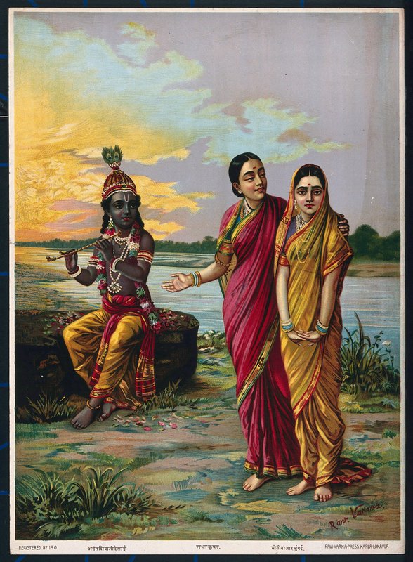 Krishna verklaart zijn liefde aan Radha via een vertrouwelinge door Raja Ravi Varma
