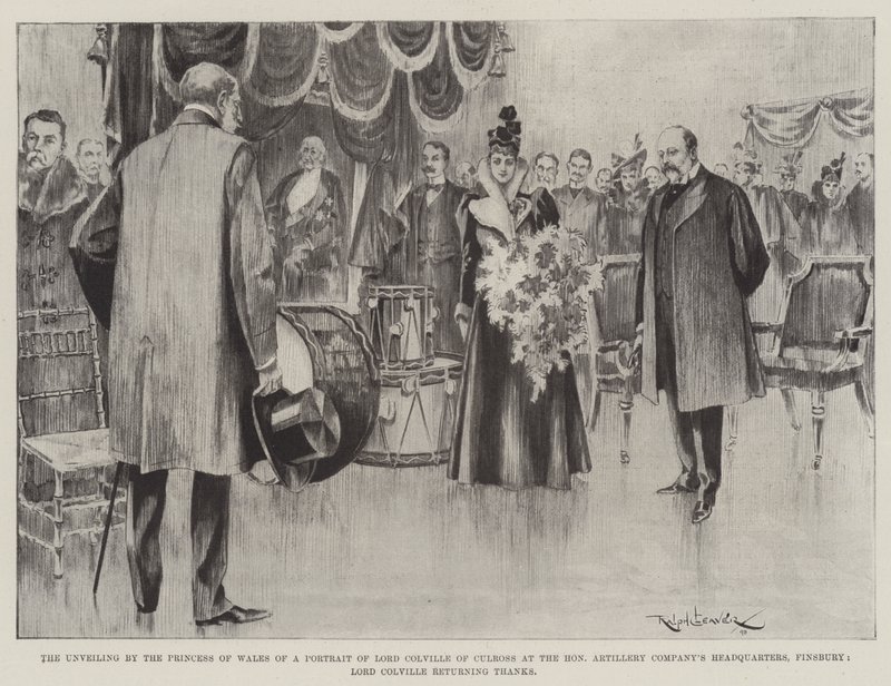De onthulling door de prinses van Wales van een portret van Lord Colville van Culross bij het hoofdkwartier van de Honourable Artillery Company, Finsbury, Lord Colville bedankt door Ralph Cleaver