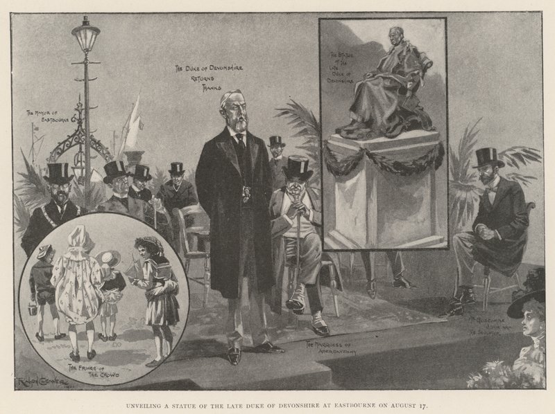 Onthulling van een Standbeeld van de wijlen Hertog van Devonshire in Eastbourne op 17 augustus door Ralph Cleaver