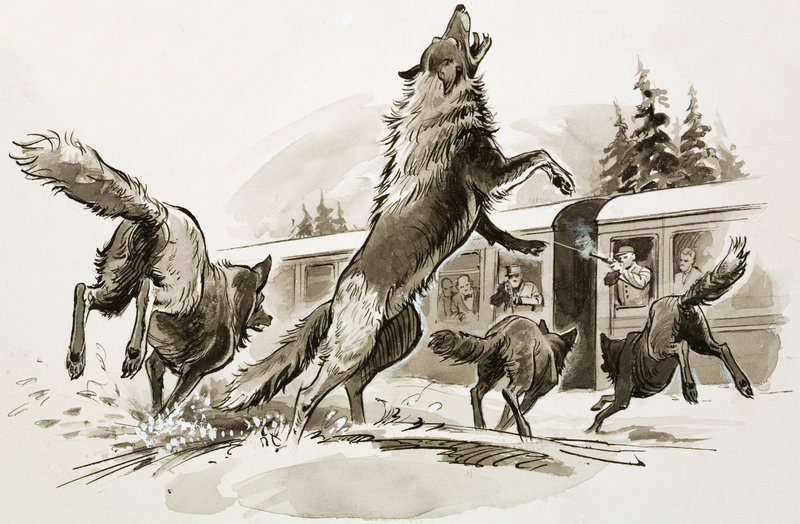 Passagiers in een besneeuwde trein vechten tegen uitgehongerde wolven (gouache op papier) door Ralph Bruce
