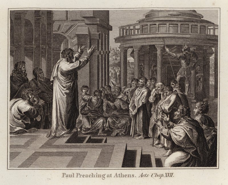 Raphael cartoon: Paulus predikt in Athene, Handelingen, Hoofdstuk XVII (gravure) door after Raphael