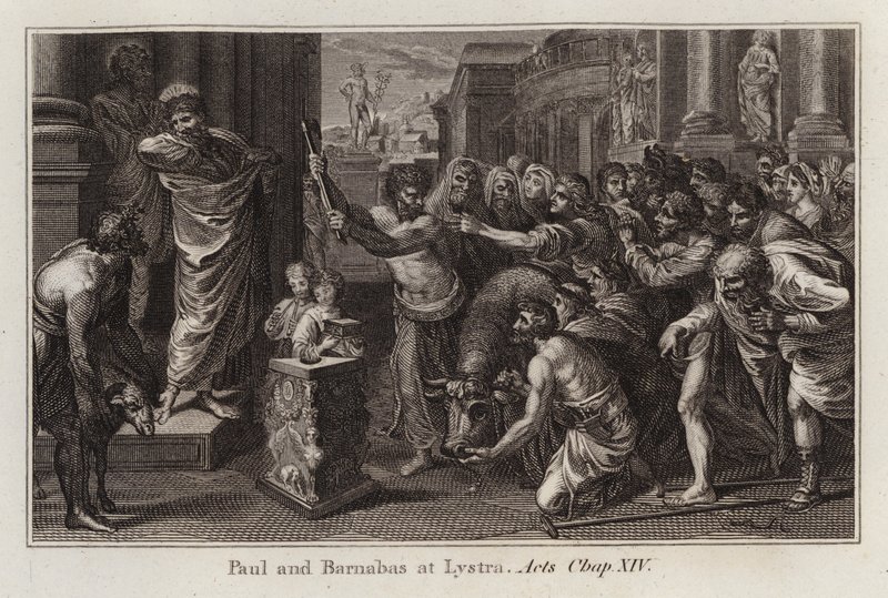 Raphael cartoon: Paulus en Barnabas in Lystra, Handelingen, Hoofdstuk XIV (gravure) door after Raphael