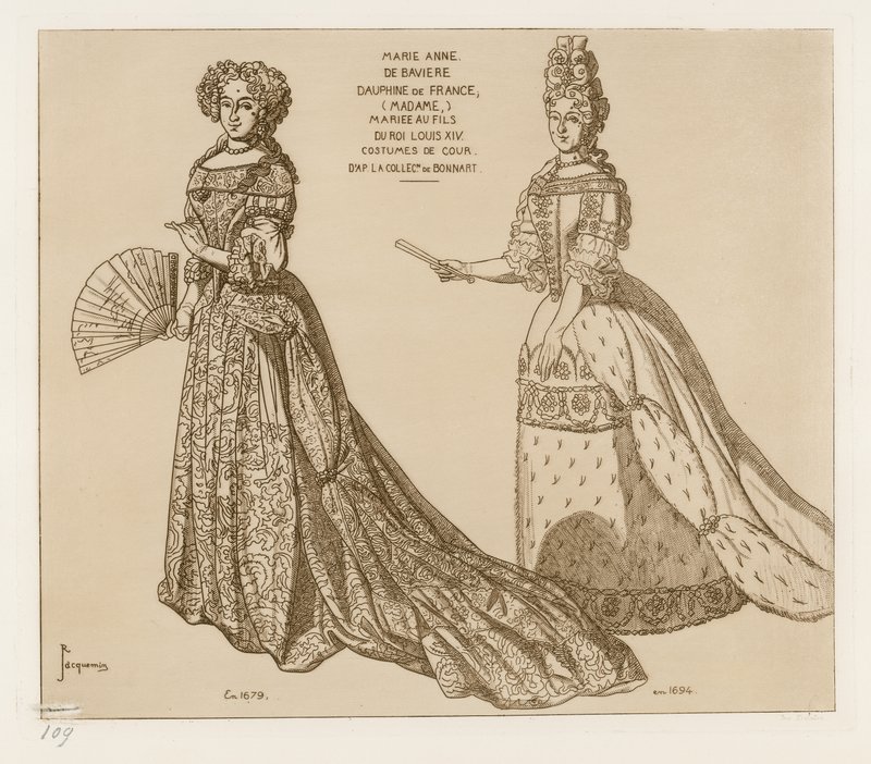 Hofkostuums. Marie Anne de Baviere, Dauphine van Frankrijk, getrouwd met de zoon van Koning Lodewijk XIV. Naar kunstwerk in de collectie van Bonnart. door Raphael Jacquemin