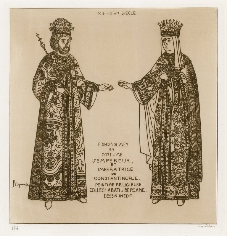 Slavische prinsen in kostuum als de keizer en keizerin van Constantinopel (gravure) door Raphael Jacquemin