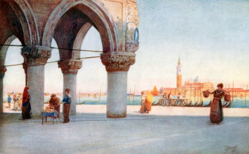 Avond op de Piazzetta (kleurenlitho) door Reginald Barratt