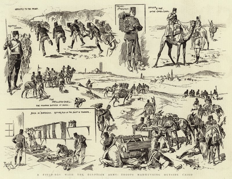 Een velddag met het Egyptische leger, troepen manoeuvreren buiten Caïro (gravure) door Reginald Thomas Cleaver