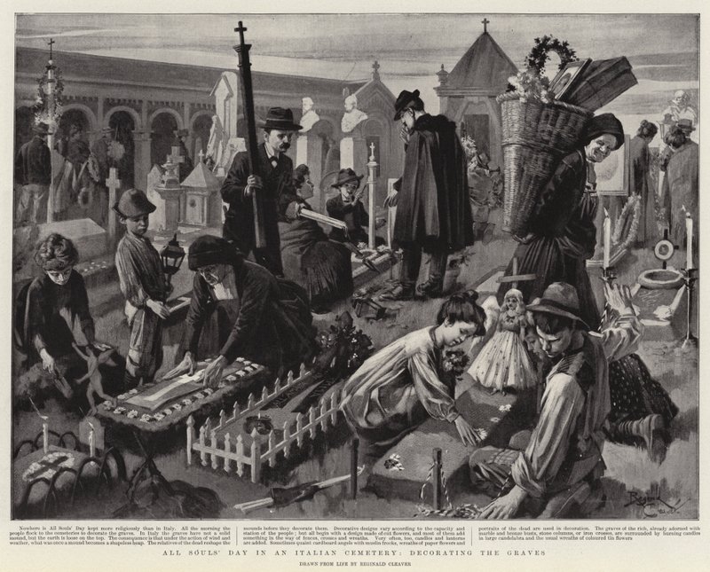 Allerzielen op een Italiaanse begraafplaats, het versieren van de graven (litho) door Reginald Thomas Cleaver