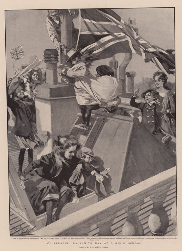 Viering van Ladysmithdag op een meisjesschool (litho) door Reginald Thomas Cleaver