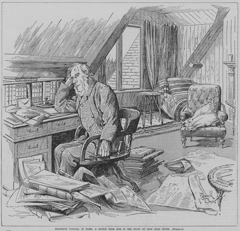 De Engelse natuurkundige John Tyndall in de studeerkamer van zijn huis, Hindhead House, Haslemere, Surrey (gravure) door Reginald Thomas Cleaver