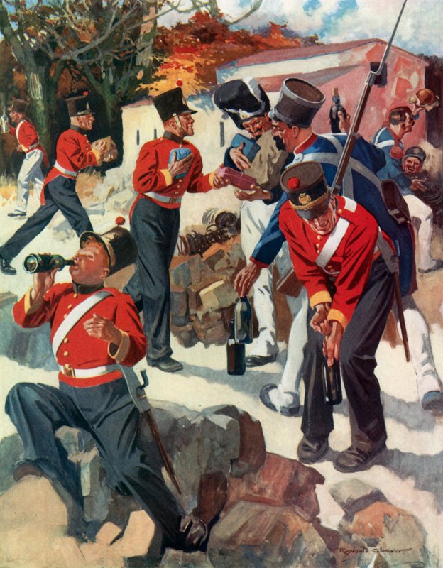 Entente Cordiale - Engelse en Franse troepen delen geschenken tijdens Wellingtons campagne op het schiereiland (kleurenlitho) door Reginald Thomas Cleaver