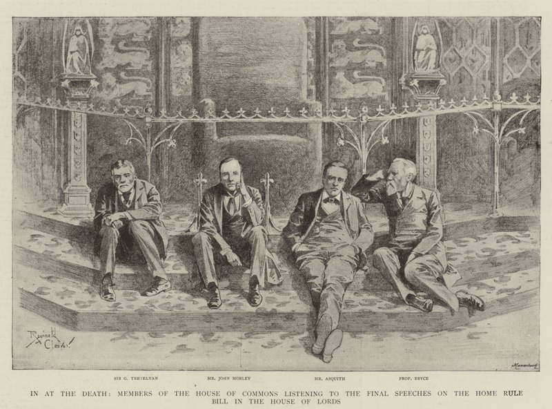 Leden van het Lagerhuis luisteren naar de laatste toespraken over de Home Rule Bill in het Hogerhuis (gravure) door Reginald Thomas Cleaver