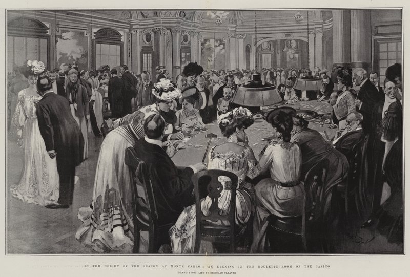Op het hoogtepunt van het seizoen in Monte Carlo, een avond in de roulettekamer van het casino (litho) door Reginald Thomas Cleaver