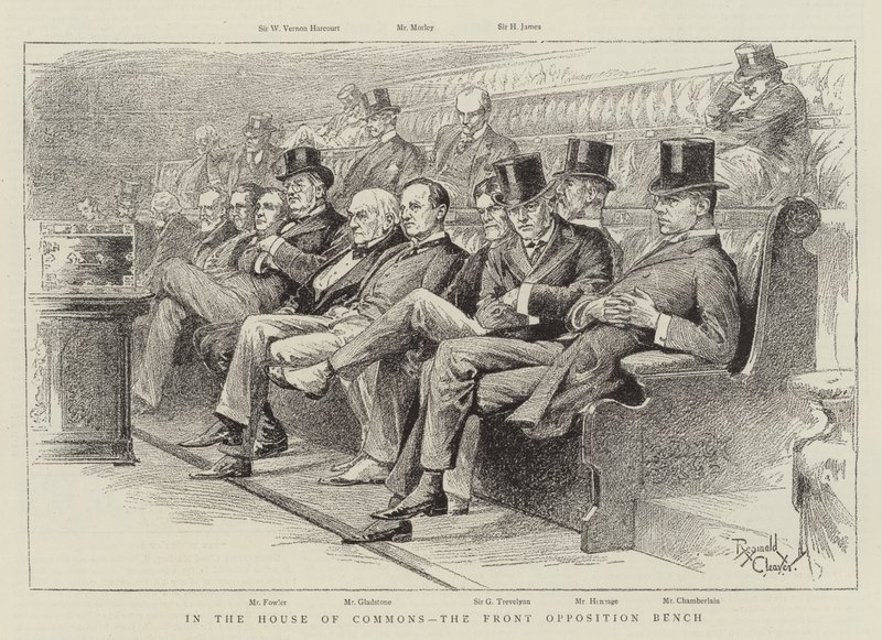 In het Lagerhuis, de voorste oppositiebank (litho) door Reginald Thomas Cleaver