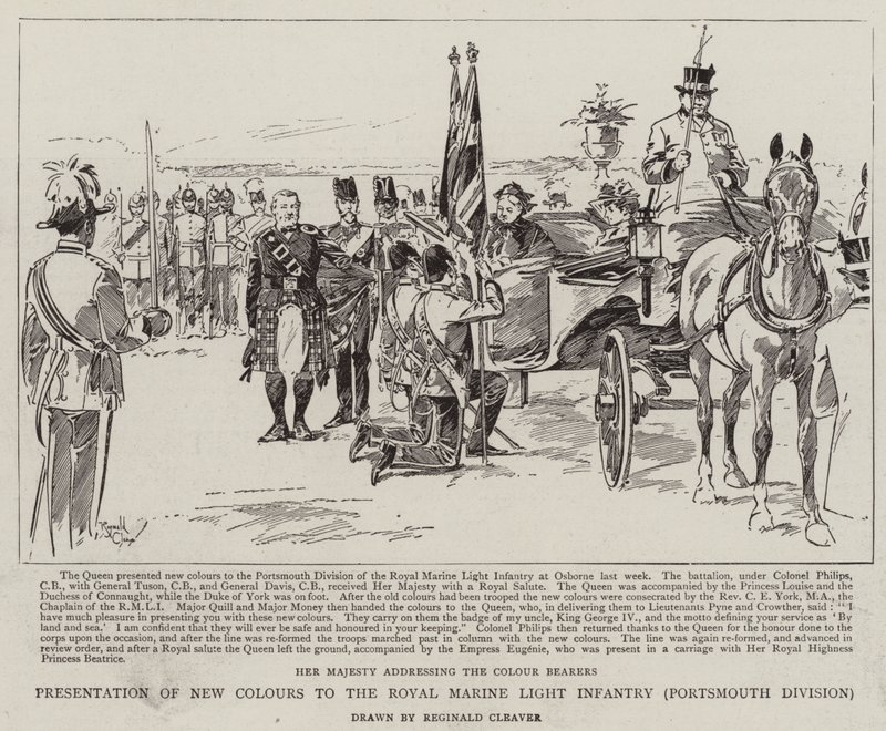 Presentatie van nieuwe kleuren aan de Royal Marine Light Infantry, Portsmouth Division (litho) door Reginald Thomas Cleaver