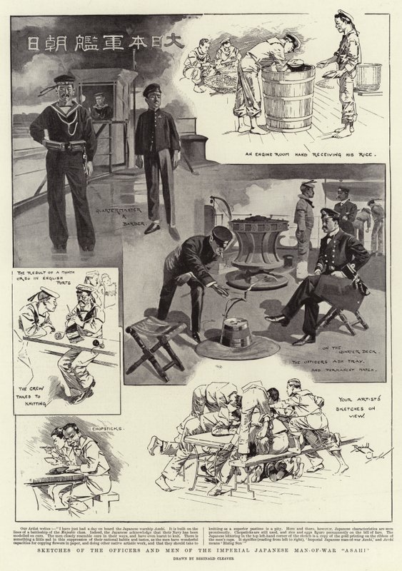 Schetsen van de officieren en manschappen van het keizerlijke Japanse oorlogsschip "Asahi" (litho) door Reginald Thomas Cleaver