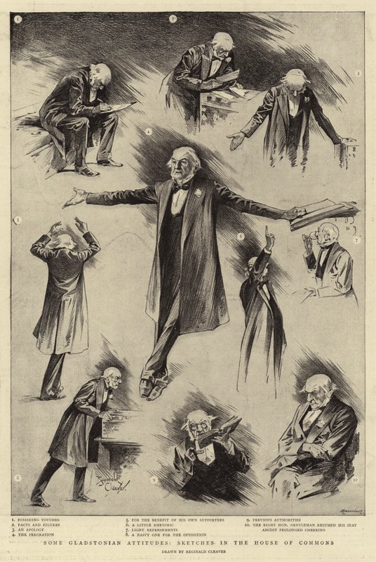 Enkele Gladstoniaanse houdingen, schetsen in het Lagerhuis (gravure) door Reginald Thomas Cleaver