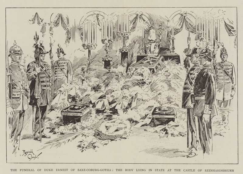 De begrafenis van hertog Ernest van Saksen-Coburg-Gotha, het lichaam liggend in het kasteel van Reinhardsbrunn (gravure) door Reginald Thomas Cleaver