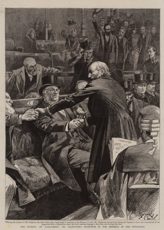 De opening van het parlement, de ontvangst van Gladstone door de leden van de oppositie (gravure) door Reginald Thomas Cleaver