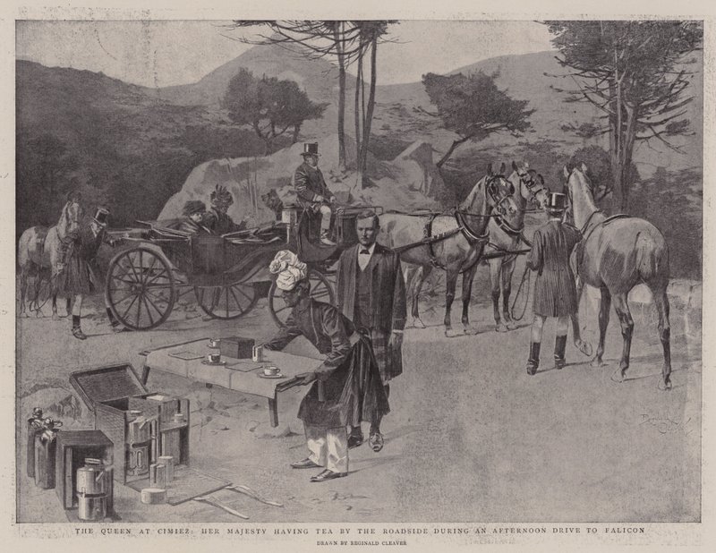 De koningin in Cimiez, Hare Majesteit met thee langs de weg tijdens een middagrit naar Falicon (litho) door Reginald Thomas Cleaver