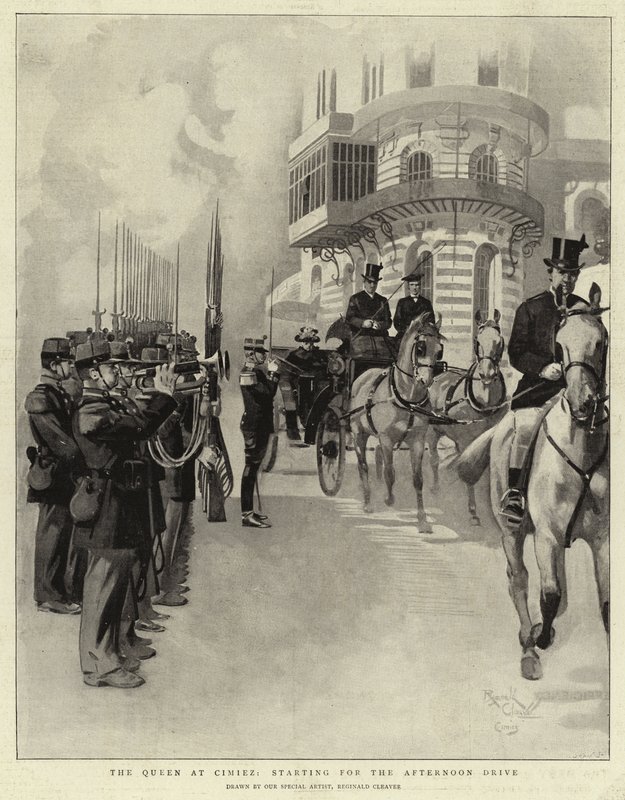 De koningin bij Cimiez, vertrek voor de middagrit (litho) door Reginald Thomas Cleaver
