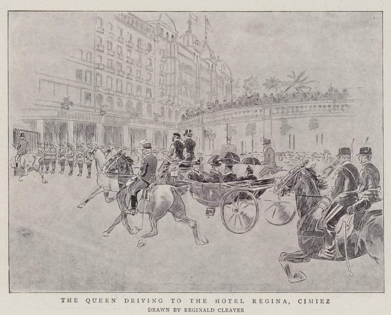 De koningin rijdt naar Hotel Regina, Cimiez (gravure) door Reginald Thomas Cleaver