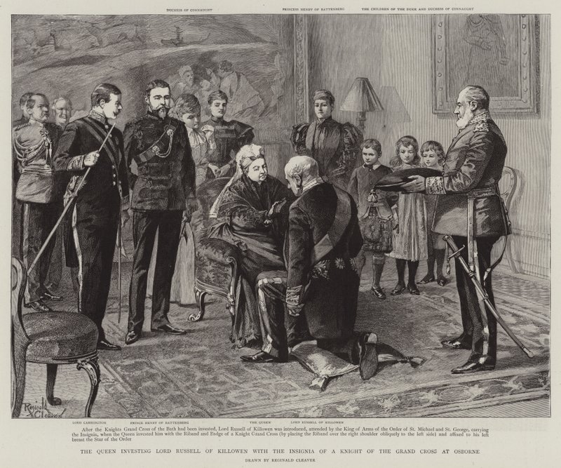 De Koningin investeert Lord Russell of Killowen met het Insigne van een Ridder van het Grootkruis in Osborne (gravure) door Reginald Thomas Cleaver