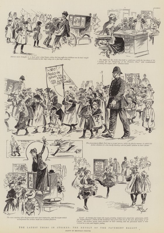 Het nieuwste in stakingen, de opstand van het stoepballet (gravure) door Reginald Thomas Cleaver