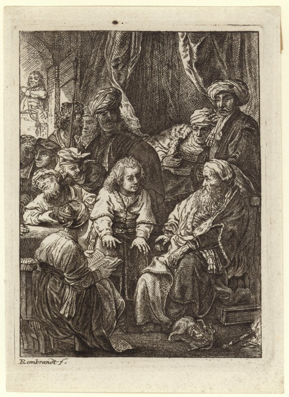 Een menigte mensen verzameld rond een zittende oude man door Rembrandt van Rijn