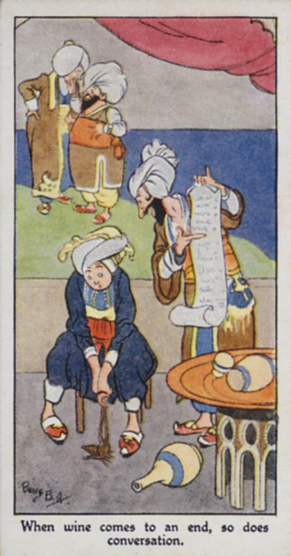 Oosters spreekwoord: Als de wijn op is, eindigt ook het gesprek (kleur litho) door René Bull
