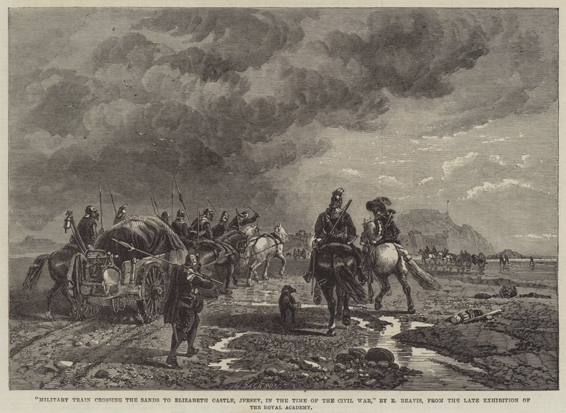 Militaire trein die de zandbanken naar Elizabeth Castle, Jersey, oversteekt tijdens de burgeroorlog door Richard Beavis