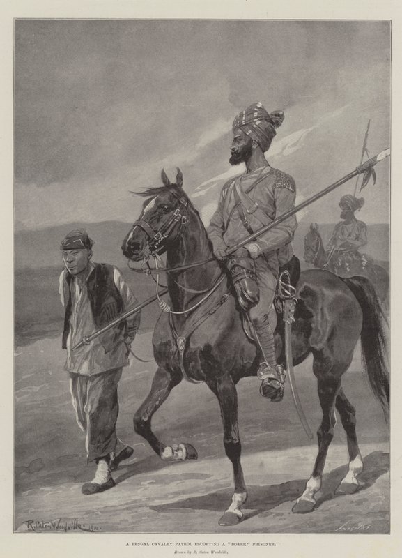 Een Bengalese Cavaleriepatrouille begeleidt een Boxer-gevangene door Richard Caton Woodville junior