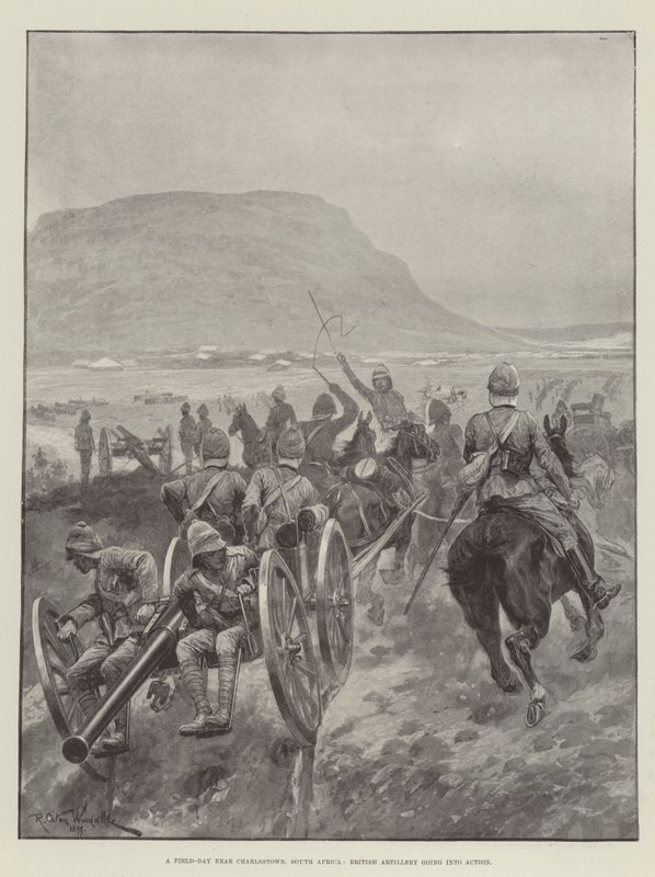 Een veldslag nabij Charlestown, Zuid-Afrika, Britse artillerie gaat in actie door Richard Caton Woodville junior