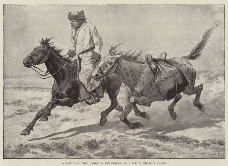 Een Mongoolse koerier die de Chinese post over de Gobi-woestijn vervoert door Richard Caton Woodville junior
