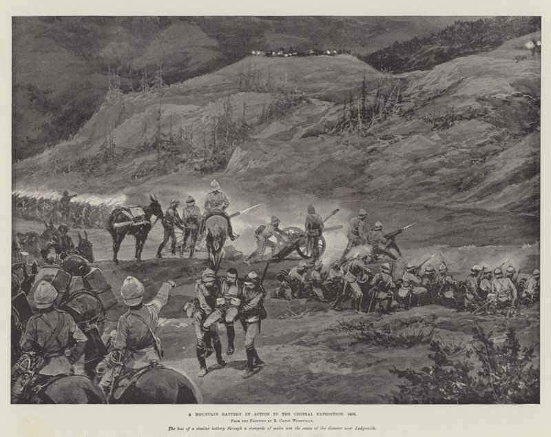 Een bergbatterij in actie tijdens de Chitral-expeditie, 1895 door Richard Caton Woodville junior