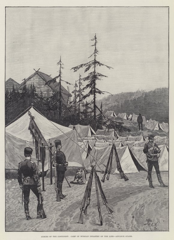 Legers van het continent, kamp van Russische infanterie van de linie, voorhoede door Richard Caton Woodville junior