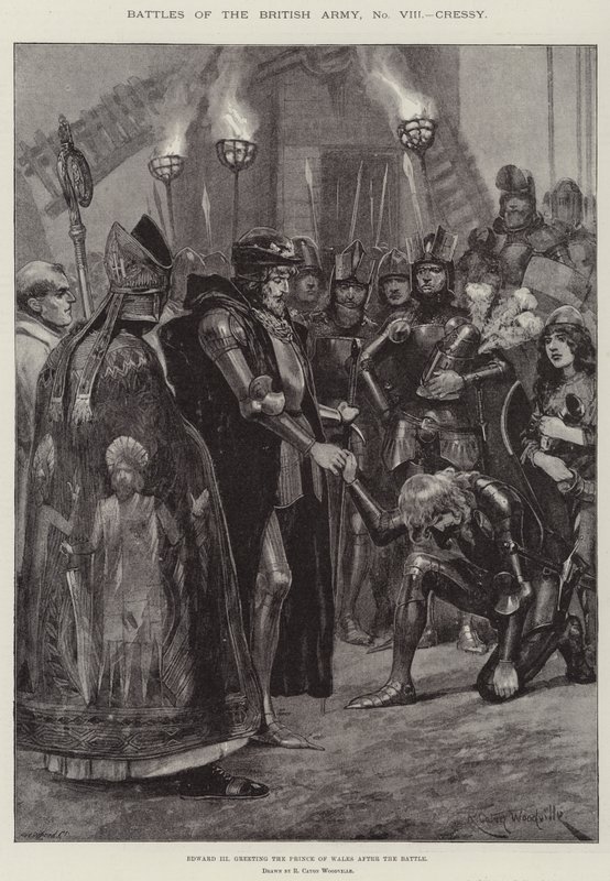Slagen van het Britse Leger, Cressy, Edward III begroet de Prins van Wales na de Slag door Richard Caton Woodville junior