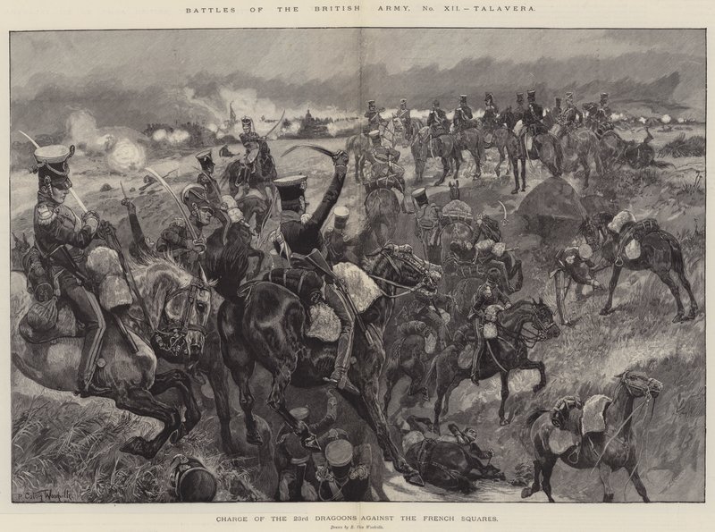 Slagen van het Britse Leger, Talavera, Aanval van de 23e Dragoons op de Franse Vierkanten door Richard Caton Woodville junior