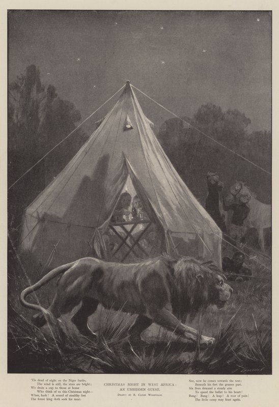 Kerstnacht in West-Afrika, een ongenode gast door Richard Caton Woodville junior