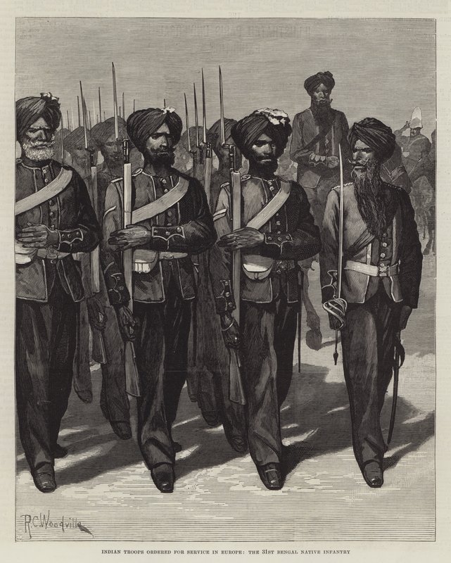 Indiase troepen besteld voor dienst in Europa, de 31e Bengal Native Infantry door Richard Caton Woodville junior