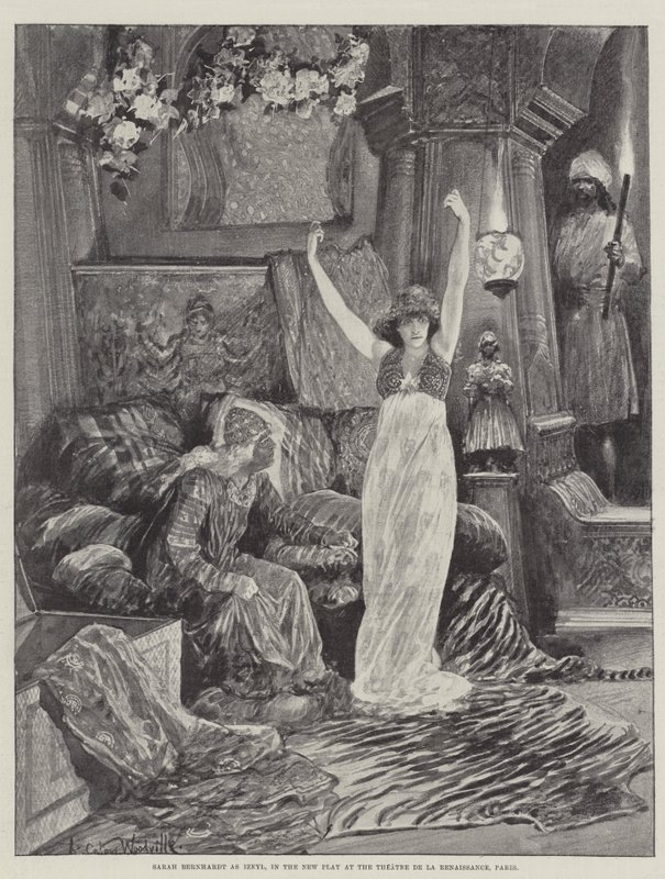 Sarah Bernhardt als Izeyl, in het Nieuwe Stuk in het Theatre de la Renaissance, Parijs door Richard Caton Woodville junior