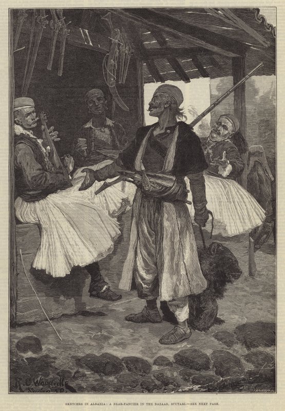 Schetsen in Albanië, een berenliefhebber in de bazaar, Scutari door Richard Caton Woodville junior