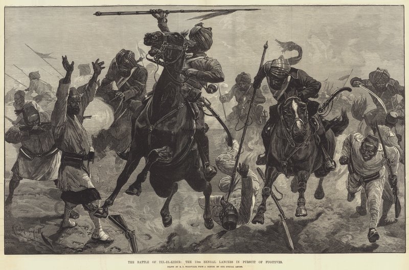 De Slag bij Tel-el-Kebir, de 13e Bengal Lancers achtervolgen vluchtelingen door Richard Caton Woodville junior
