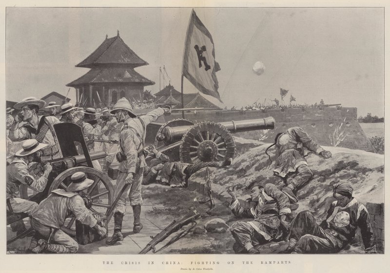 De Crisis in China, Gevechten op de Wallen door Richard Caton Woodville junior