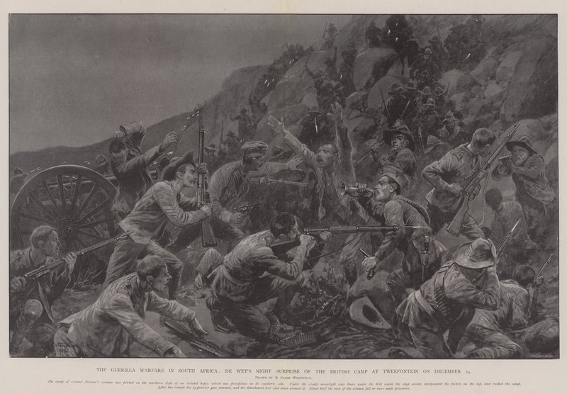 De Guerrillaoorlog in Zuid-Afrika, De Nachtelijke Verrassing van het Britse Kamp door De Wet bij Tweefontein op 24 december door Richard Caton Woodville junior