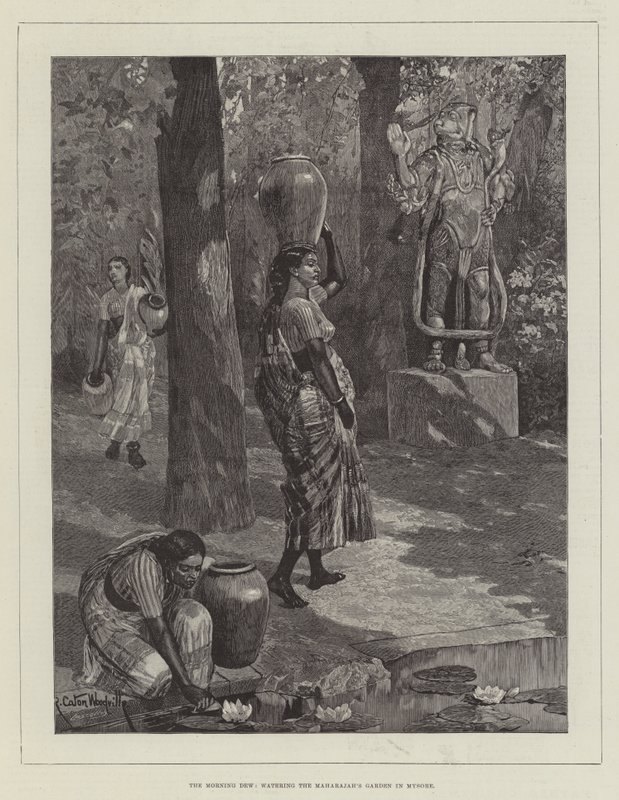De Ochtenddauw, het besproeien van de tuin van de Maharadja in Mysore door Richard Caton Woodville junior