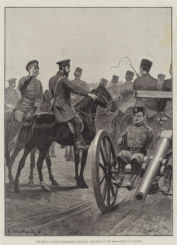 De terugkeer van prins Alexander naar Bulgarije, de prins op het oefenterrein in Rustchuk door Richard Caton Woodville junior