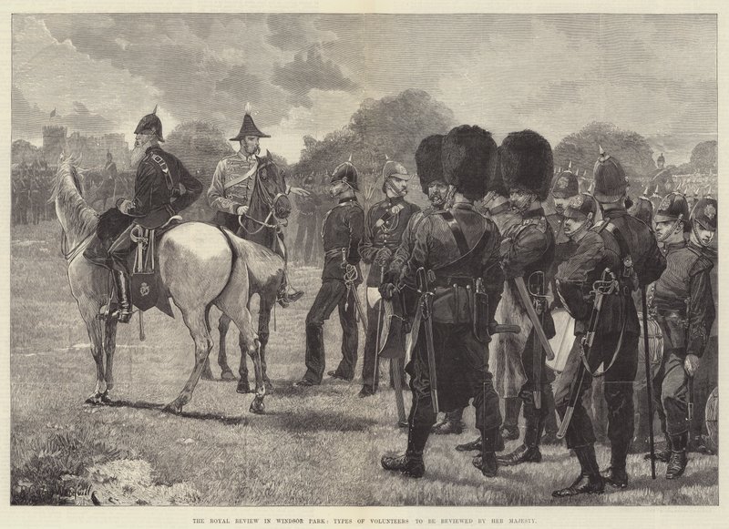 De koninklijke parade in Windsor Park, soorten vrijwilligers die door Hare Majesteit worden beoordeeld door Richard Caton Woodville junior