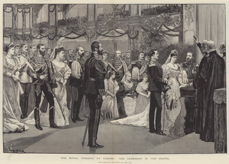 Het koninklijke huwelijk in Coburg, de ceremonie in de kapel door Richard Caton Woodville junior