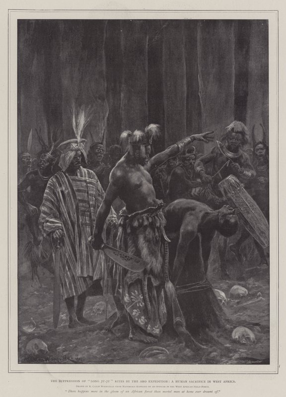 De Onderdrukking van Long Ju-Ju Riten door de Aro Expeditie, een Menselijk Offer in West-Afrika door Richard Caton Woodville junior