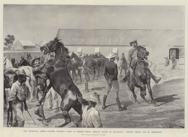 De Transvaal Crisis, het Korps van Kolonel Plumer van de Britse Zuid-Afrikaanse Politie in Bulawayo, klaar voor een Noodgeval door Richard Caton Woodville junior